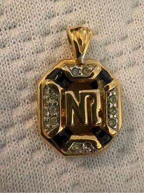 Gold Initial "NR’’ Nani Ricci Octagonal Pendant with Black Enamel & Crystals